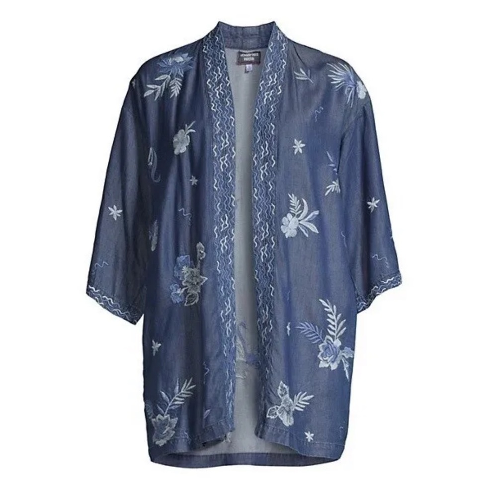 NWT JOHNNY WAS Marbella Embroidered Kimono top Denim Blue Lyocell M new